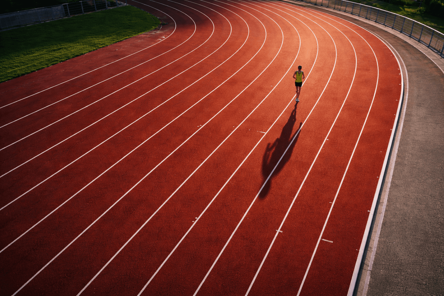Drone shot of a running track at night