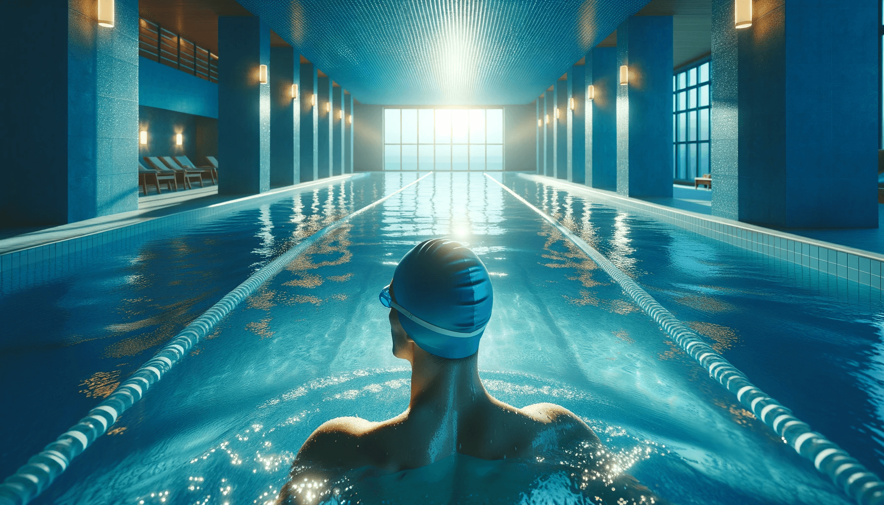Une piscine intérieure spacieuse et accueillante, baignée d'une lumière douce et apaisante bleue, avec un nageur au premier plan.