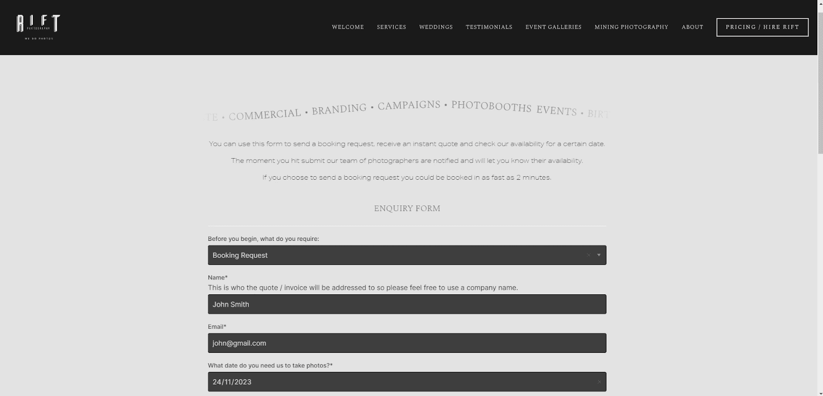 Rift photography booking form