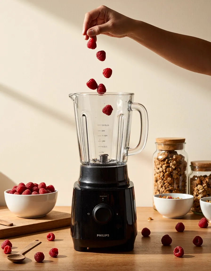 Hand dropping fresh raspberries into a blender with glass jars of granola nearby, creating a beautiful food preparation still life scene