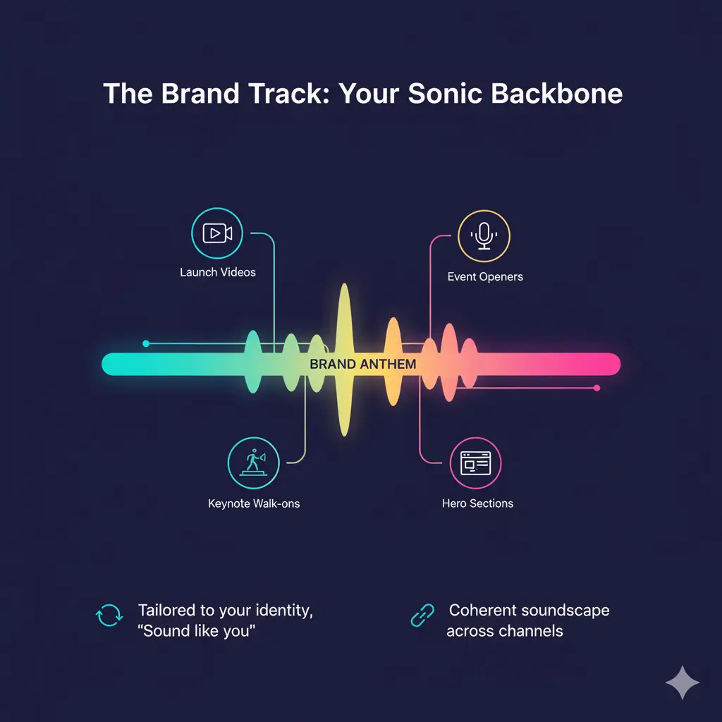 An illustration depicting a colorful sound wave labeled "BRAND ANTHEM" at its center. The sound wave extends horizontally with gradients of blue, green, yellow, and pink. Four thin lines branch out from the sound wave, each pointing to a circular icon with text below it: "Launch Videos," "Event Openers," "Keynote Walk-ons," and "Hero Sections." Below the main graphic, there are two points of text: "Tailored to your identity, 'Sound like you'" with a refresh icon, and "Coherent soundscape across channels" with a chain link icon. The overall title of the illustration is "The Brand Track: Your Sonic Backbone."