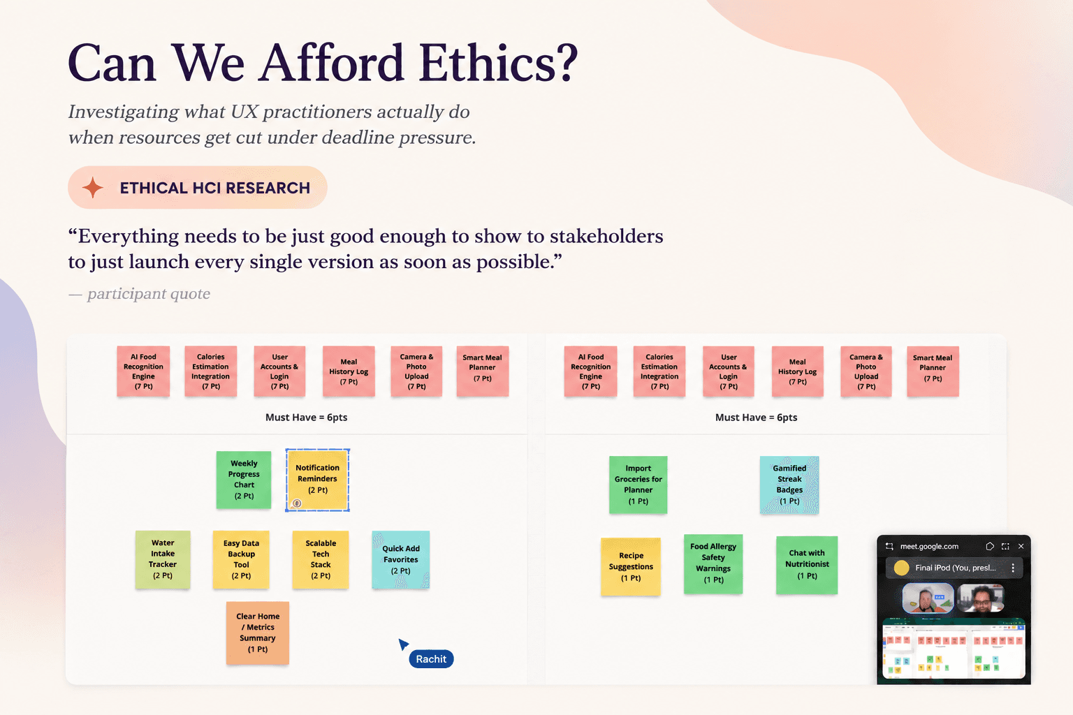 **Alt text:** UX research case study cover titled “Can We Afford Ethics?” with a quote about shipping work under deadline pressure. A prominent “ETHICAL HCI RESEARCH” tag sits above a collaborative feature-prioritization board showing color-coded sticky notes and a video-call overlay.
