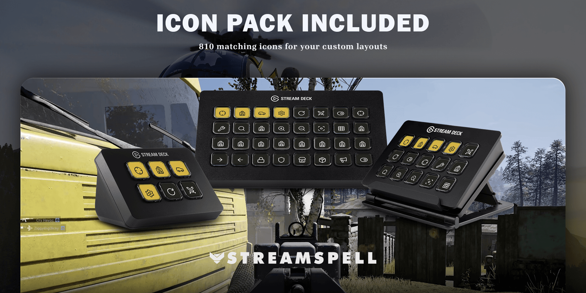 WARDOGS icon pack preview showing matching yellow category buttons and dark control icons on Stream Deck devices