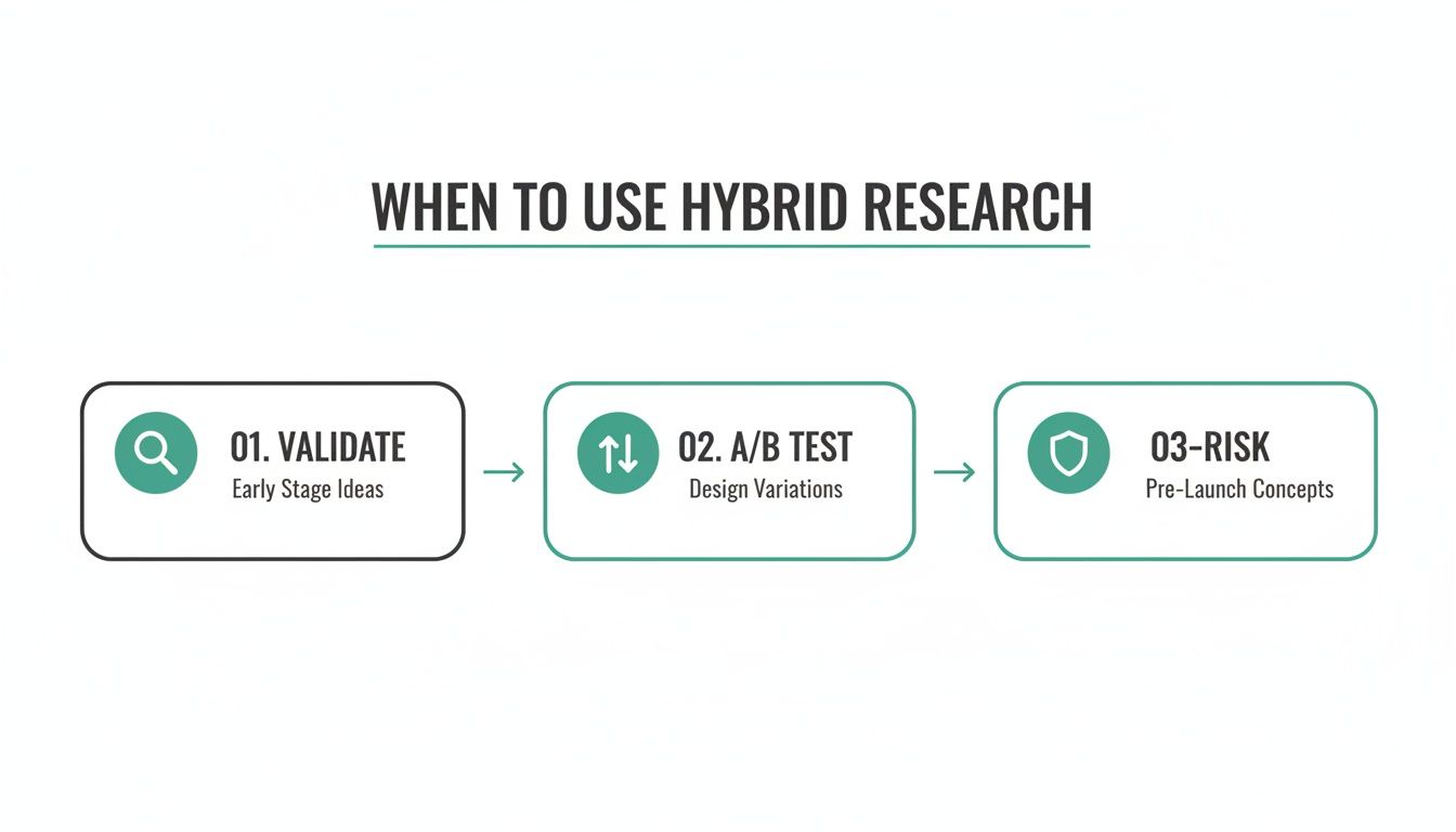 Flowchart on when to use hybrid research: validate early ideas, A/B test designs, and assess pre-launch risk.