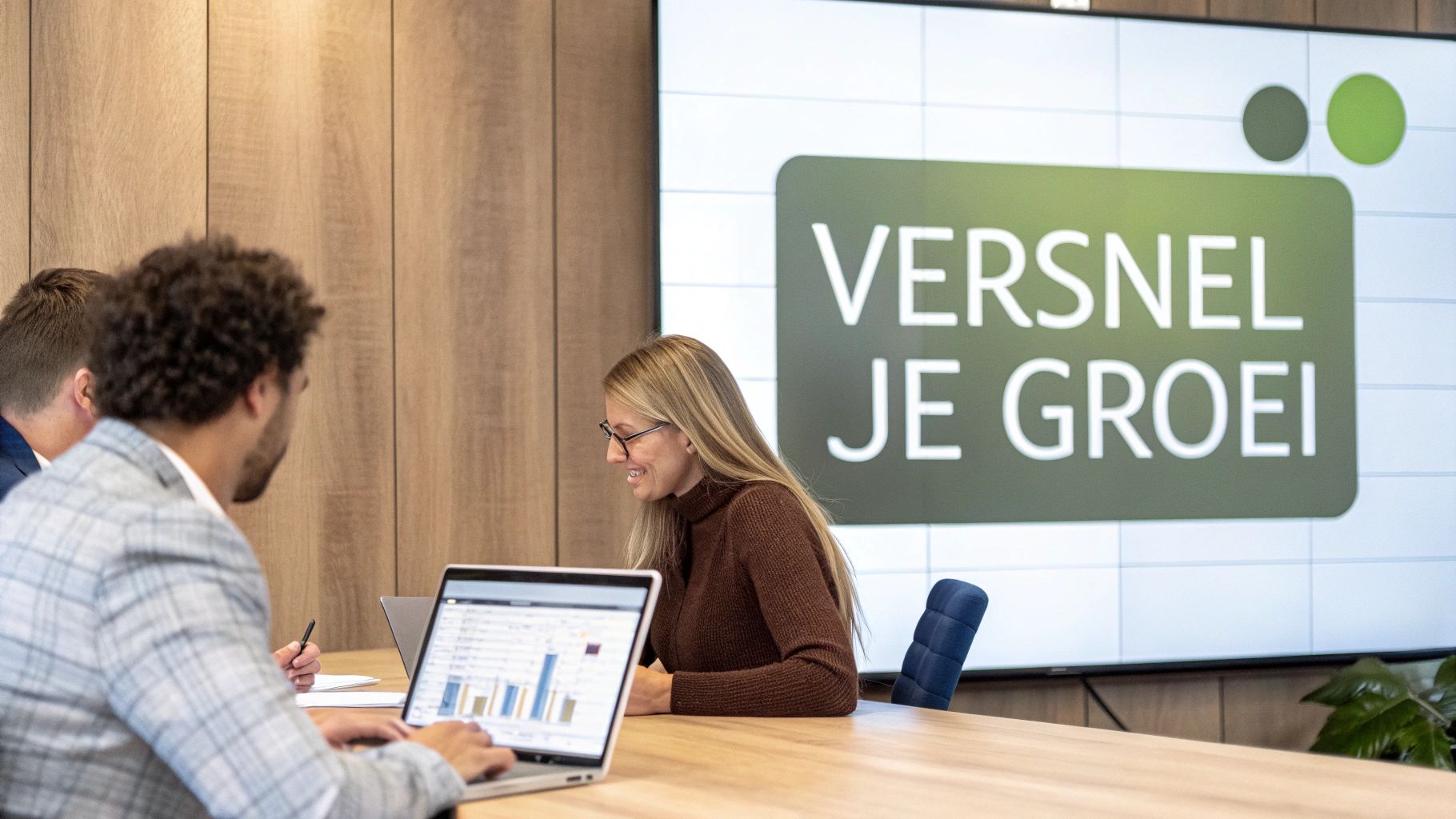 Zakelijke bijeenkomst met mensen die samenwerken aan laptops, terwijl een presentatie over groei op het scherm wordt getoond.