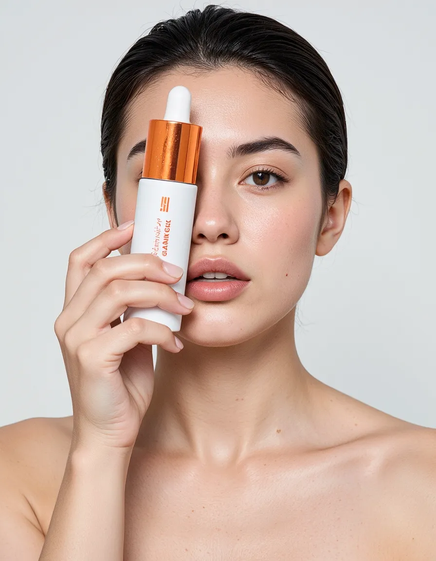 Beauty product photography featuring a white and copper serum dropper bottle against clean background with dewy, glowing skin texture