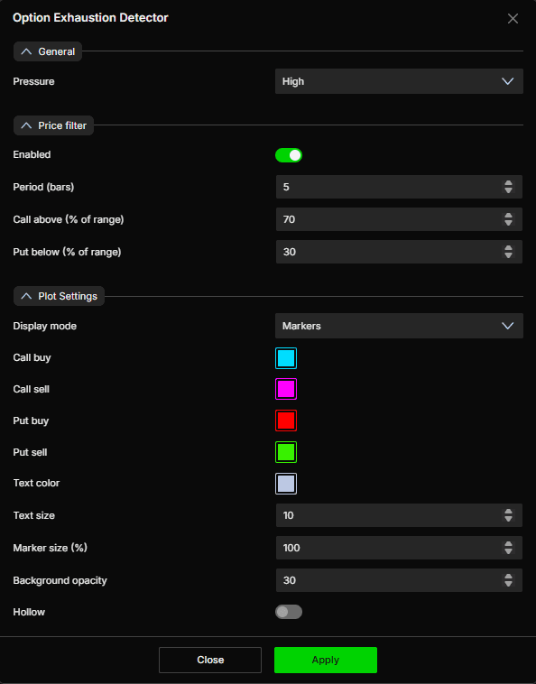 Option Exhaustion Detector - DeepGamma Web. Settings screenshot 4.