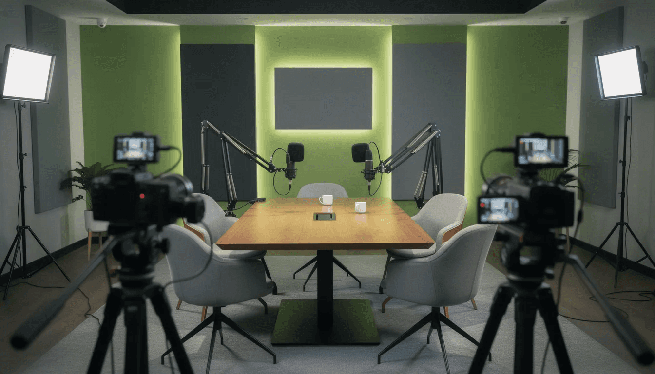L'image montre un studio de podcast professionnel, décoré dans des tons de vert forêt et de lime acide, avec plusieurs caméras et un éclairage moderne, créant une ambiance idéale pour des enregistrements de haute qualité. Cet espace est conçu pour les entrepreneurs et les experts, propice aux interviews et à la création de contenu dans le secteur du business.