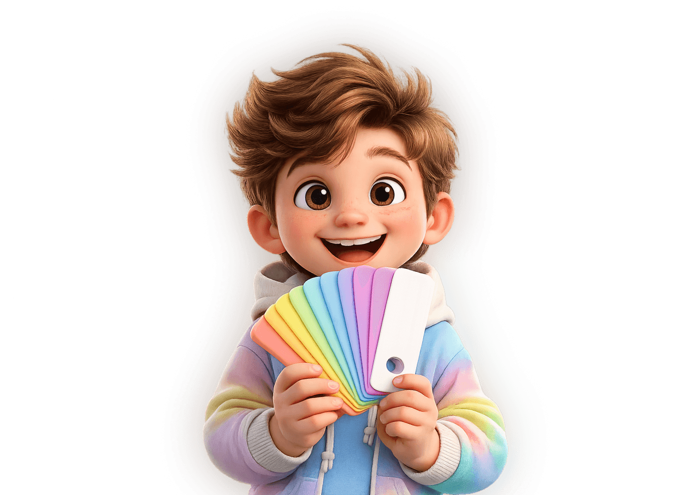Smiling cartoon child in a pastel rainbow hoodie holding a fan of colorful smartphone cases.