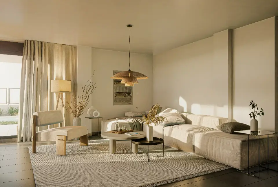 a living room filled with furniture and a large window