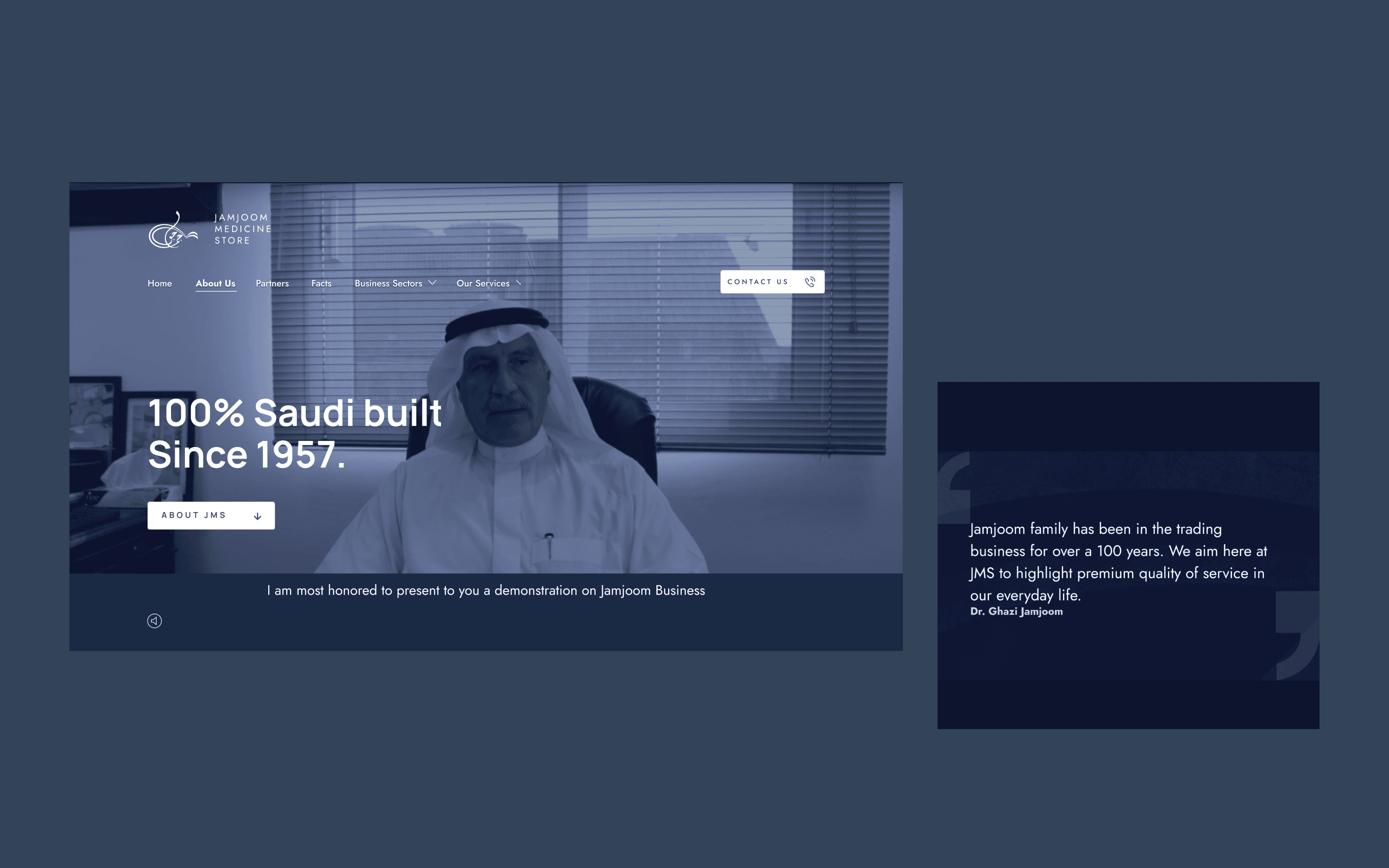 The founder on the About page, alongside a family quote.