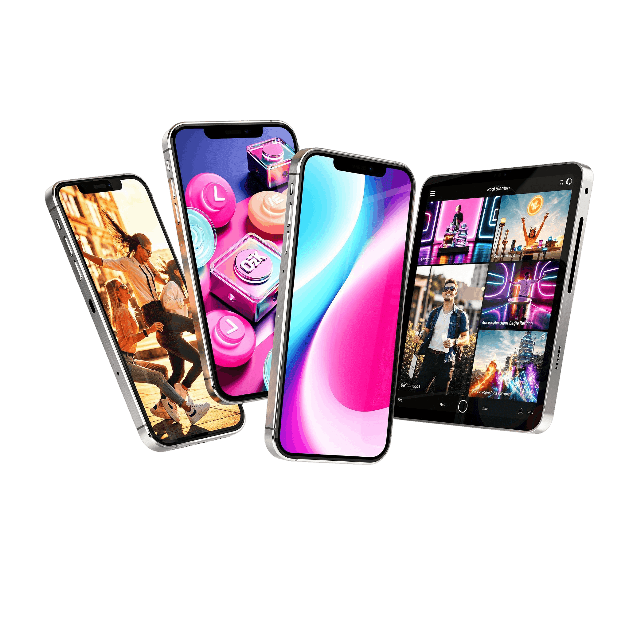 A group of four smartphones are arranged in a dynamic, overlapping composition against a white background.