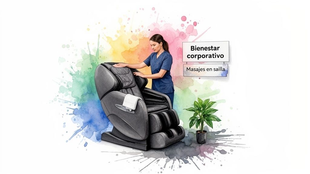 Mujer en uniforme ajusta una silla de masaje moderna, con planta y fondo de acuarela. Texto: Bienestar corporativo, Masajes en silla.