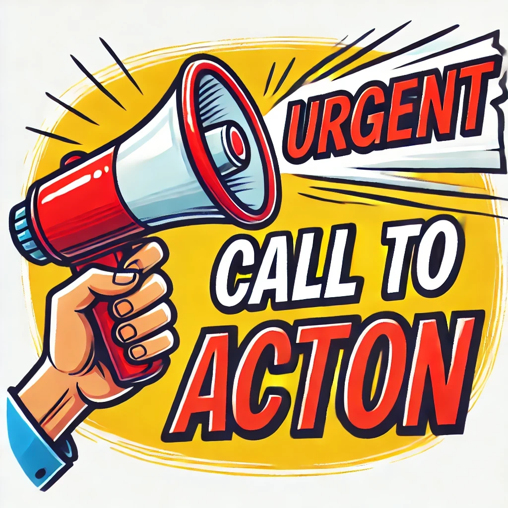 Cartoon illustration of a hand holding a red megaphone, with a speech bubble displaying the text "Urgent Call to Action" in bold letters, symbolizing the importance of clear CTAs in marketing