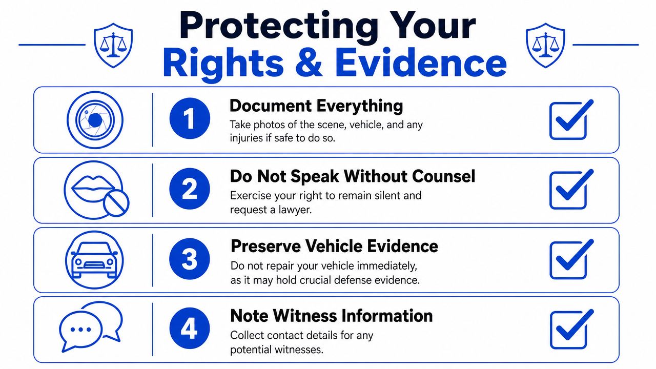 A four-step infographic illustrating essential actions to take for protecting your rights and evidence after an accident.