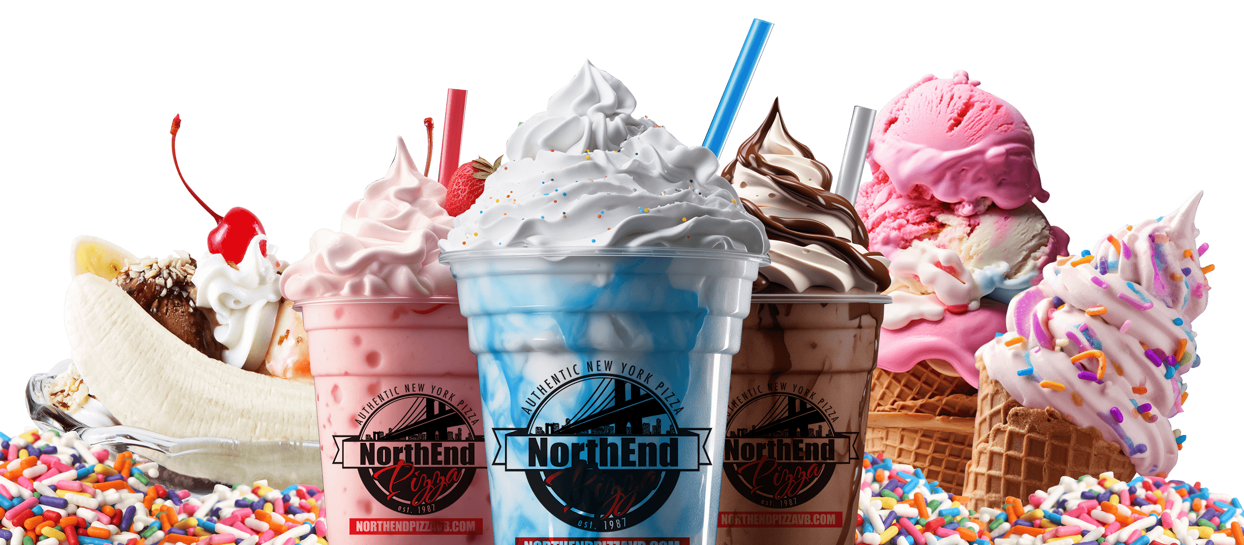 Ice cream party at North End Pizza — milkshakes, banana split, sundaes, and hand-dipped ice cream for birthdays, celebrations, and pizza parties in Virginia Beach
