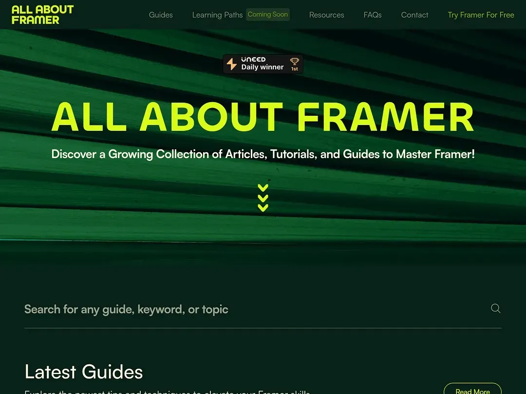 Website banner for Framer guides and tutorials, featuring a search bar.