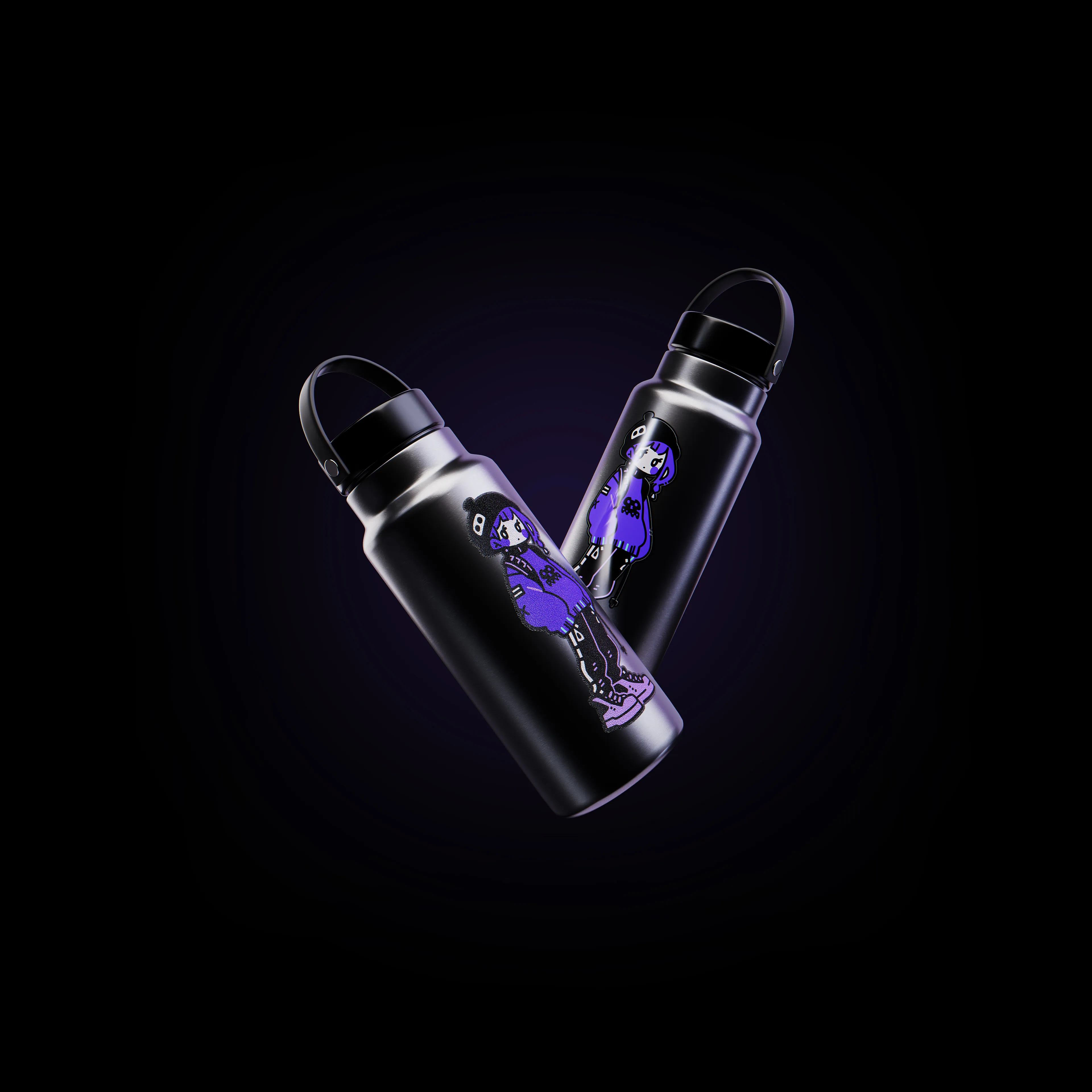 3D render of two black water bottles featuring character stickers, demonstrating the vivid glossy and luxurious matte printing capabilities of the Printera Pro UV DTF printer