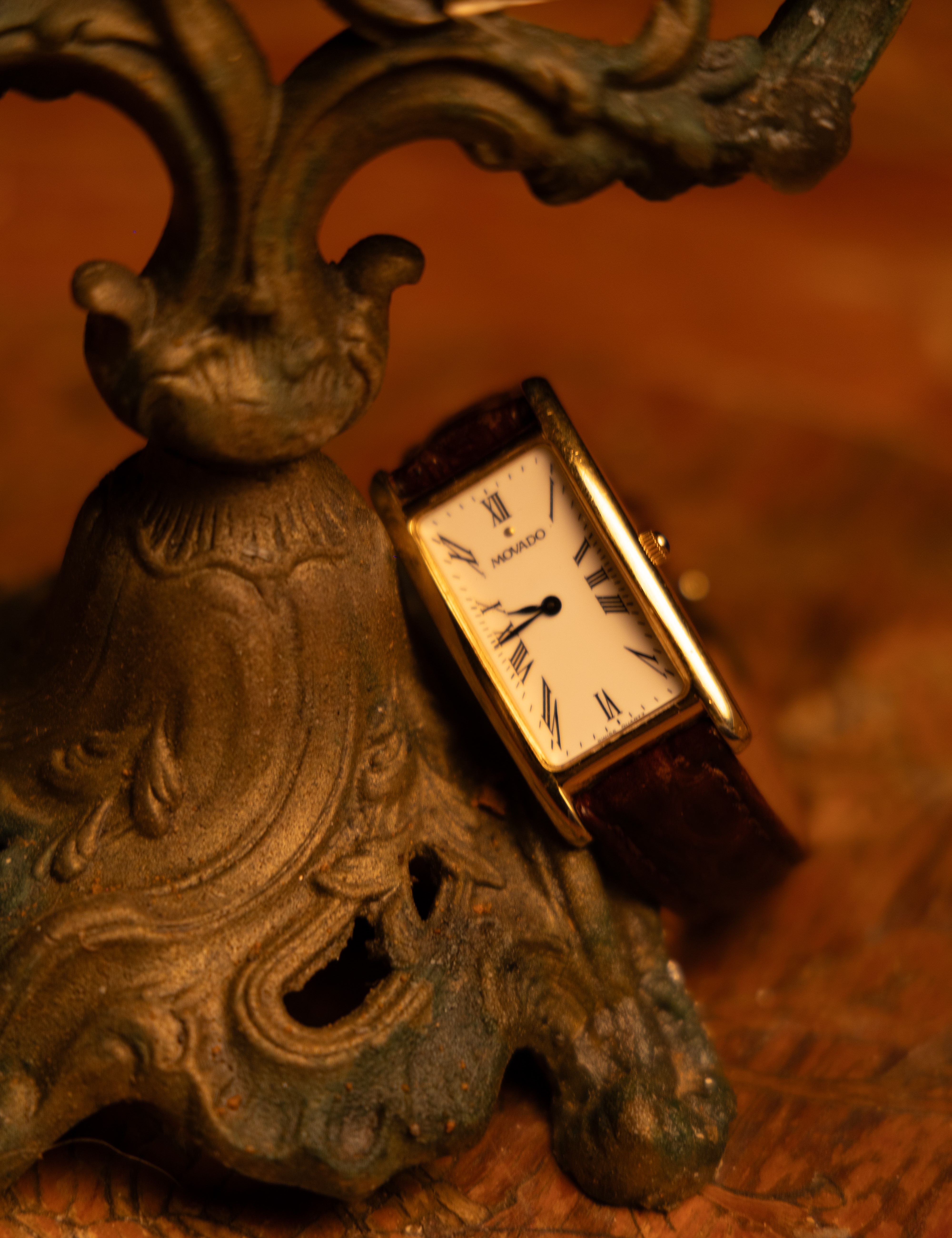 Vintage movado tank watch displayed