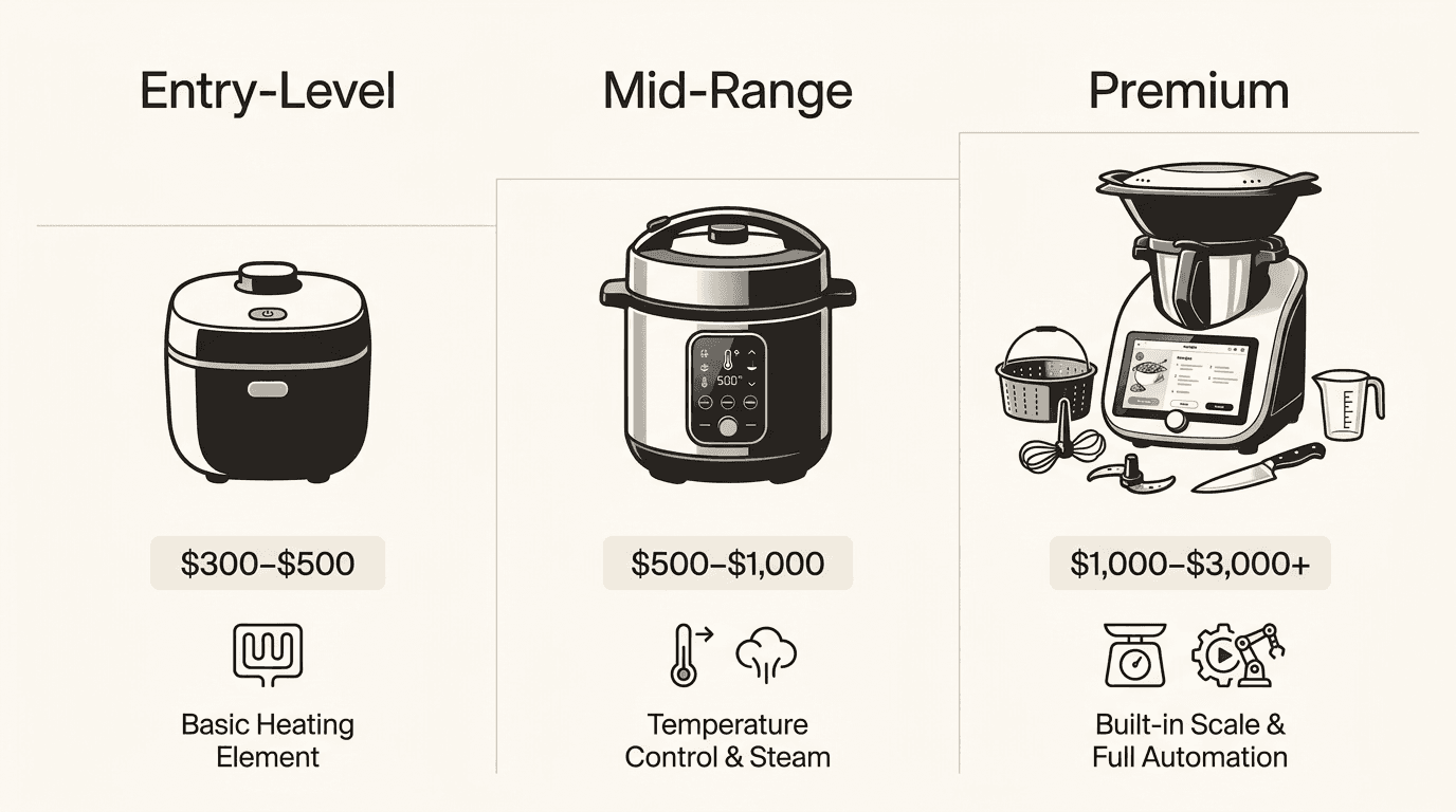 Cooking robot cost comparison across three price tiers for home use