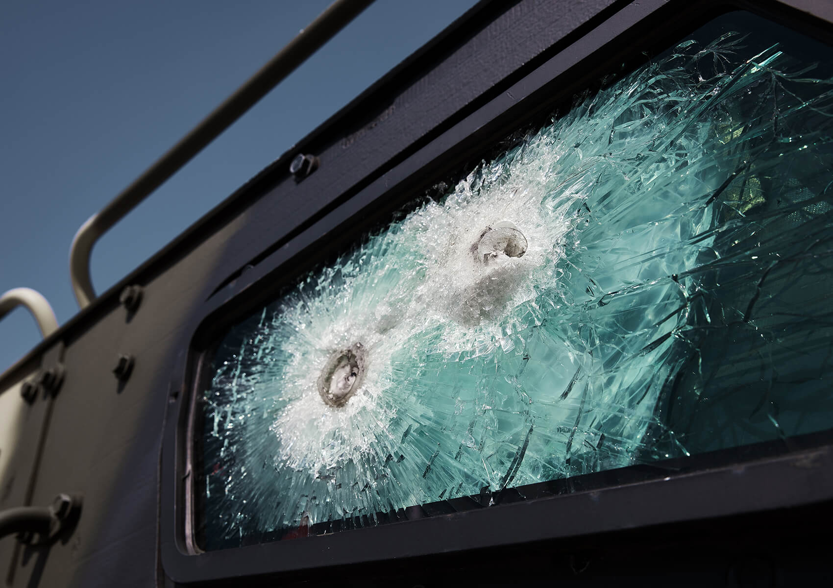 Military grade bulletproof windows of an armored vehicle