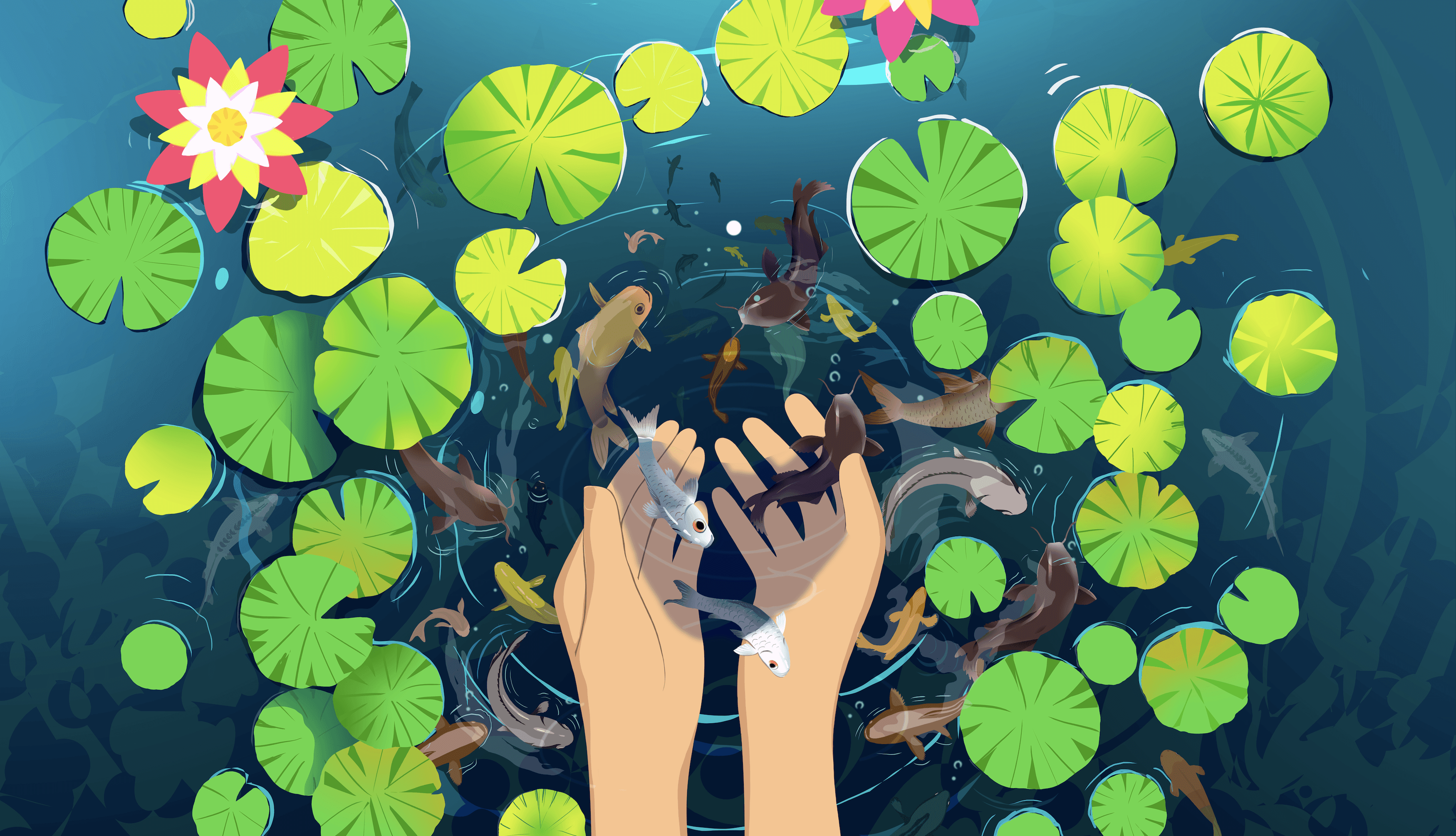 Hands releasing fingerlings