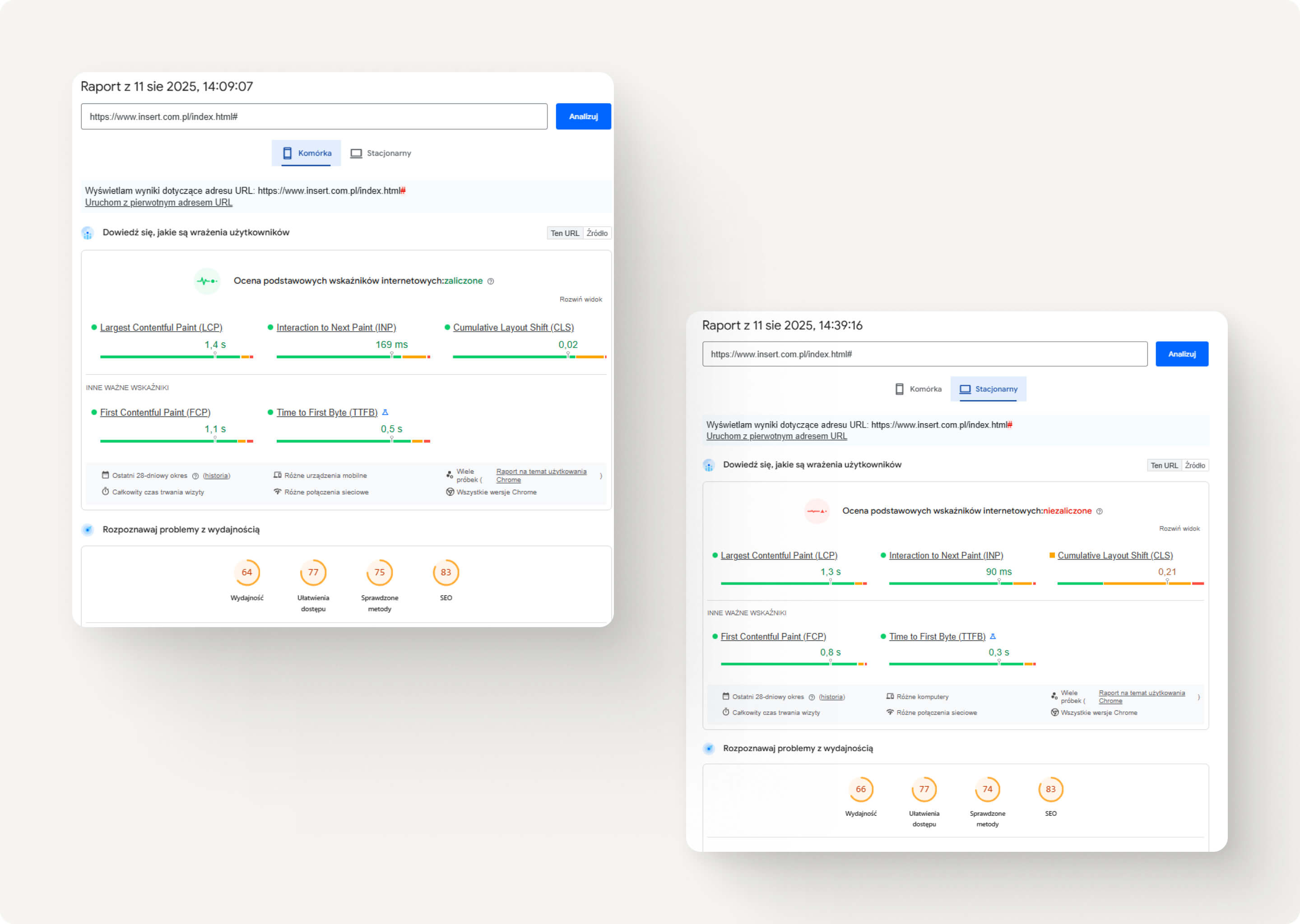 Screenshot of Lighthouse report showing performance, accessibility, best practices, and SEO scores with key issues and recommendations for a webpage.