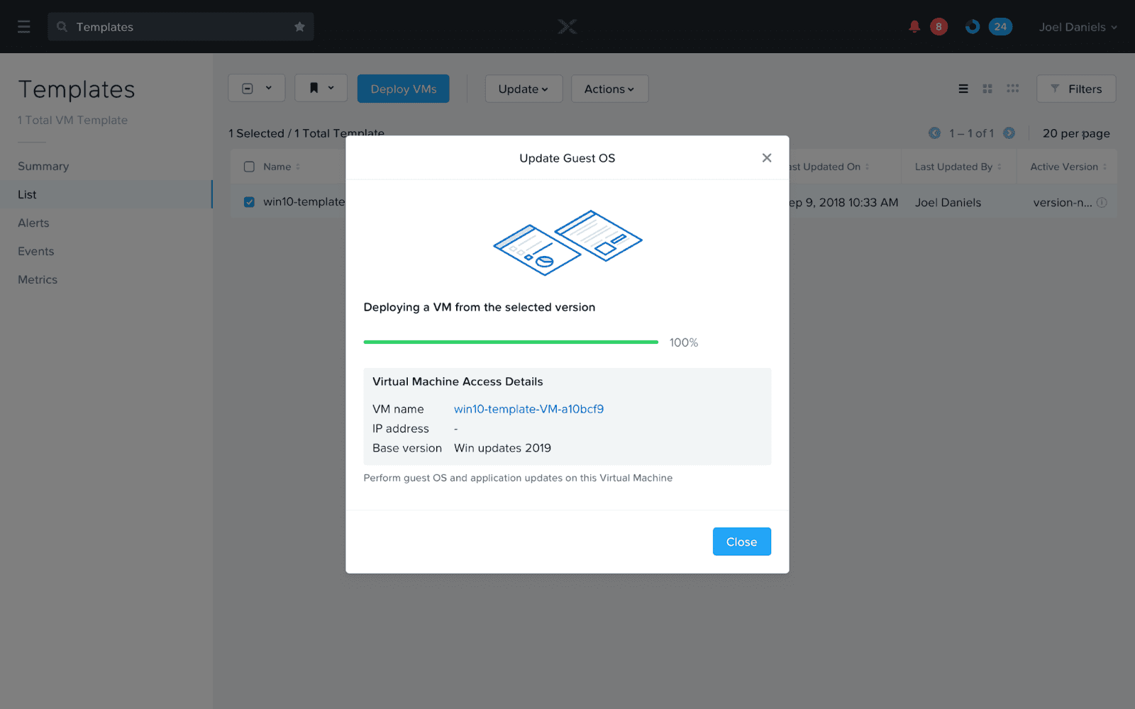 Once the deployment completes, the VM information is shared with the user so they can apply necessary guest OS updates