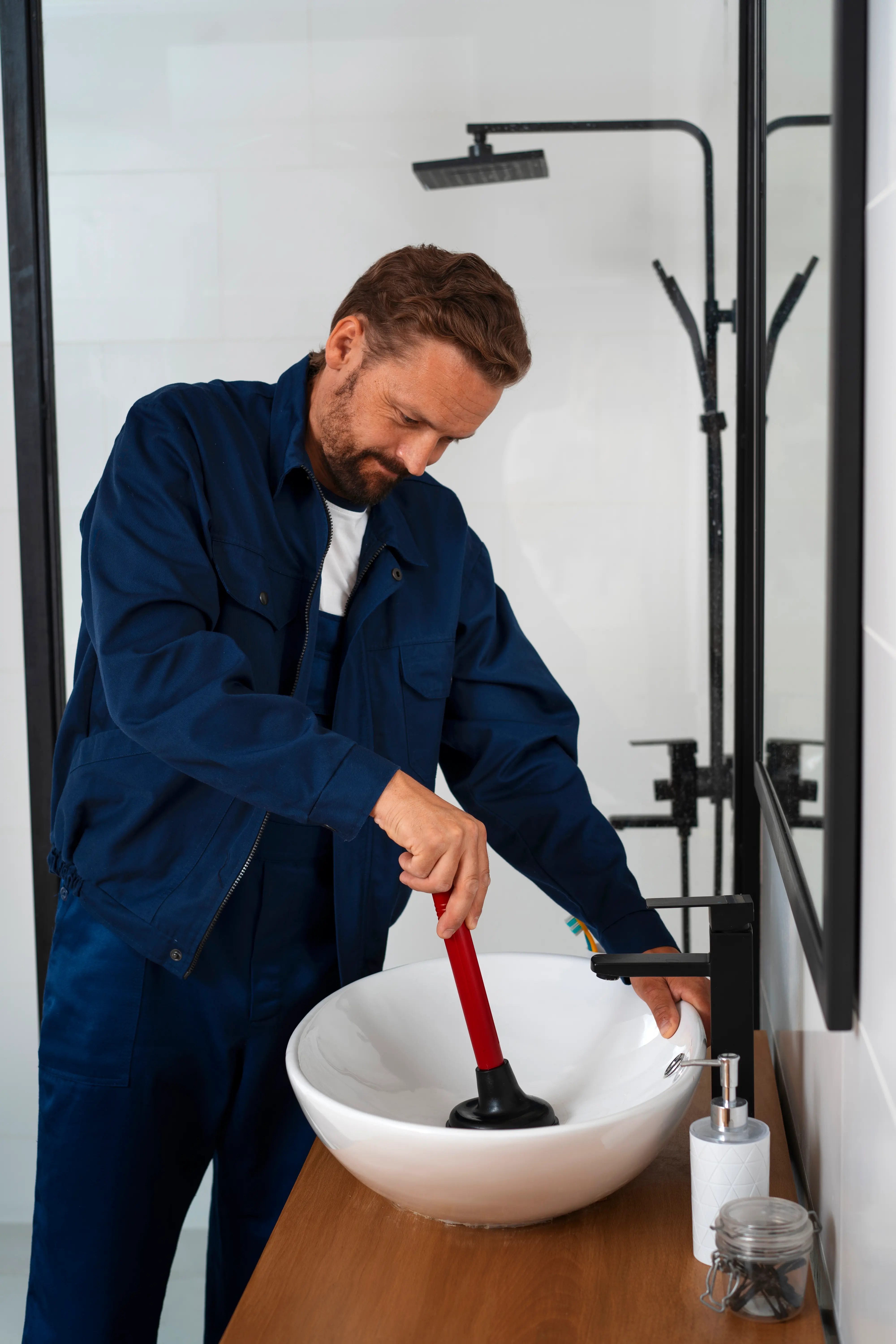 Maintenance worker repairing a shower fixture