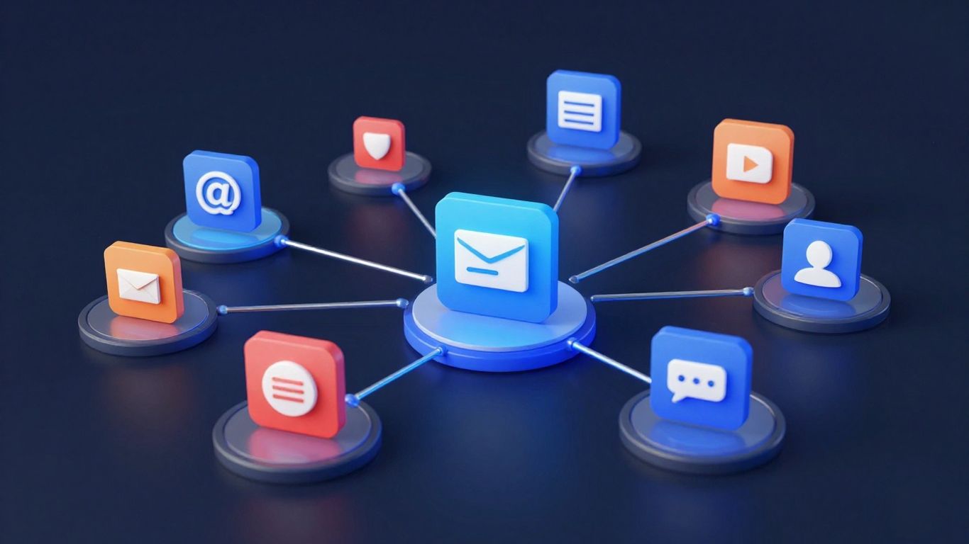 Digital interface showing interconnected marketing channels and automated communication.