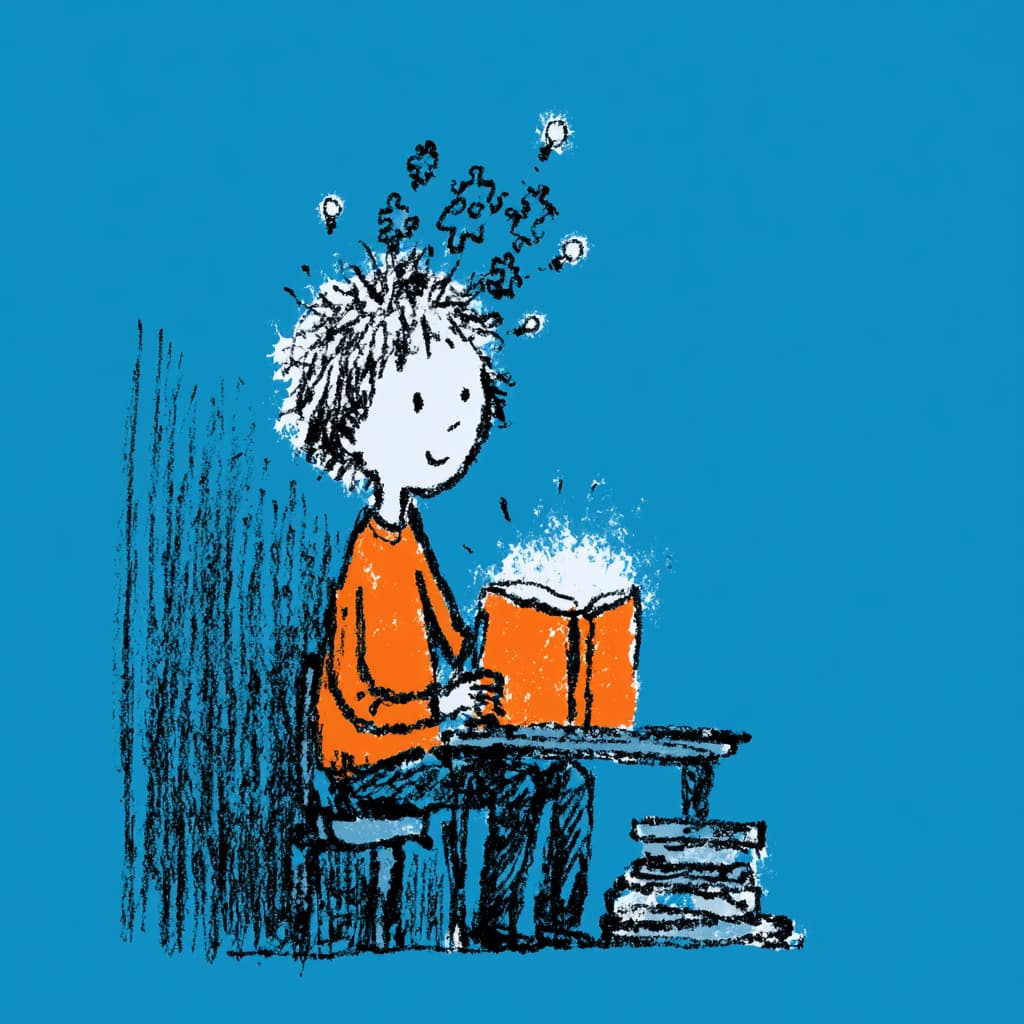 Whimsical Aquarell-Illustration einer jungen Person beim Lesen, bei der das Gehirn wie ein Puzzle leuchtend zusammenfindet – Lernschwäche mit Hypnose überwinden