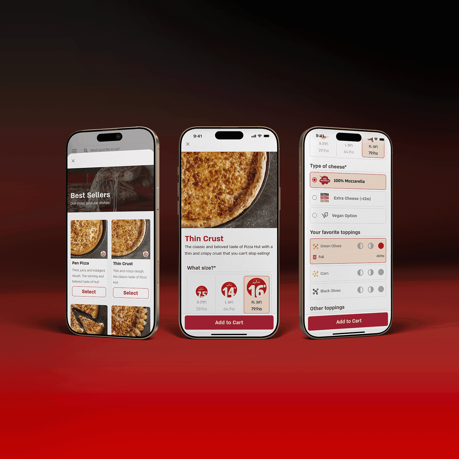 UX UI design for pizza customization, allowing users to select size, crust, cheese, and toppings with clarity and speed on mobile devices.