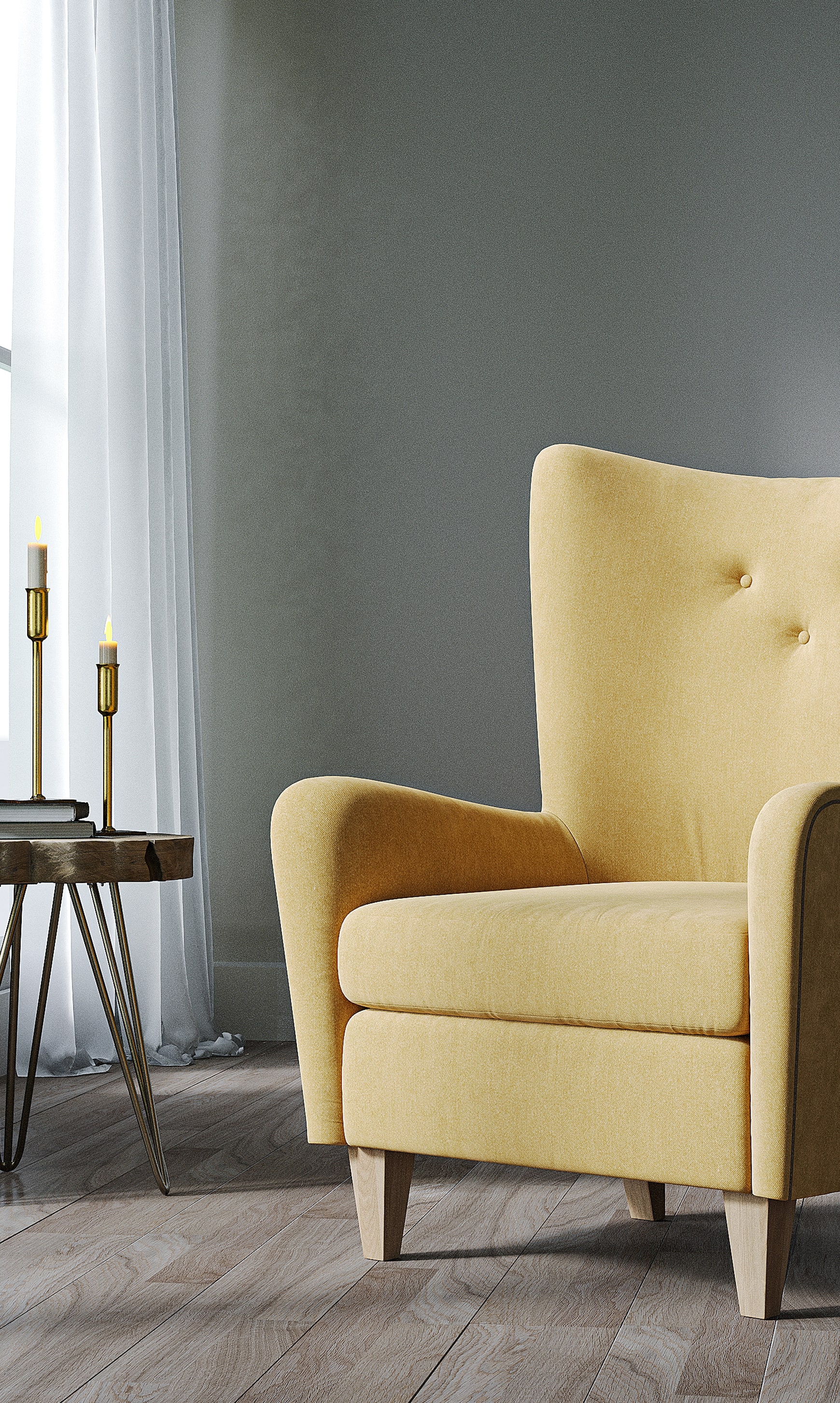 Cozy armchair in living room with side table and soft natural lighting