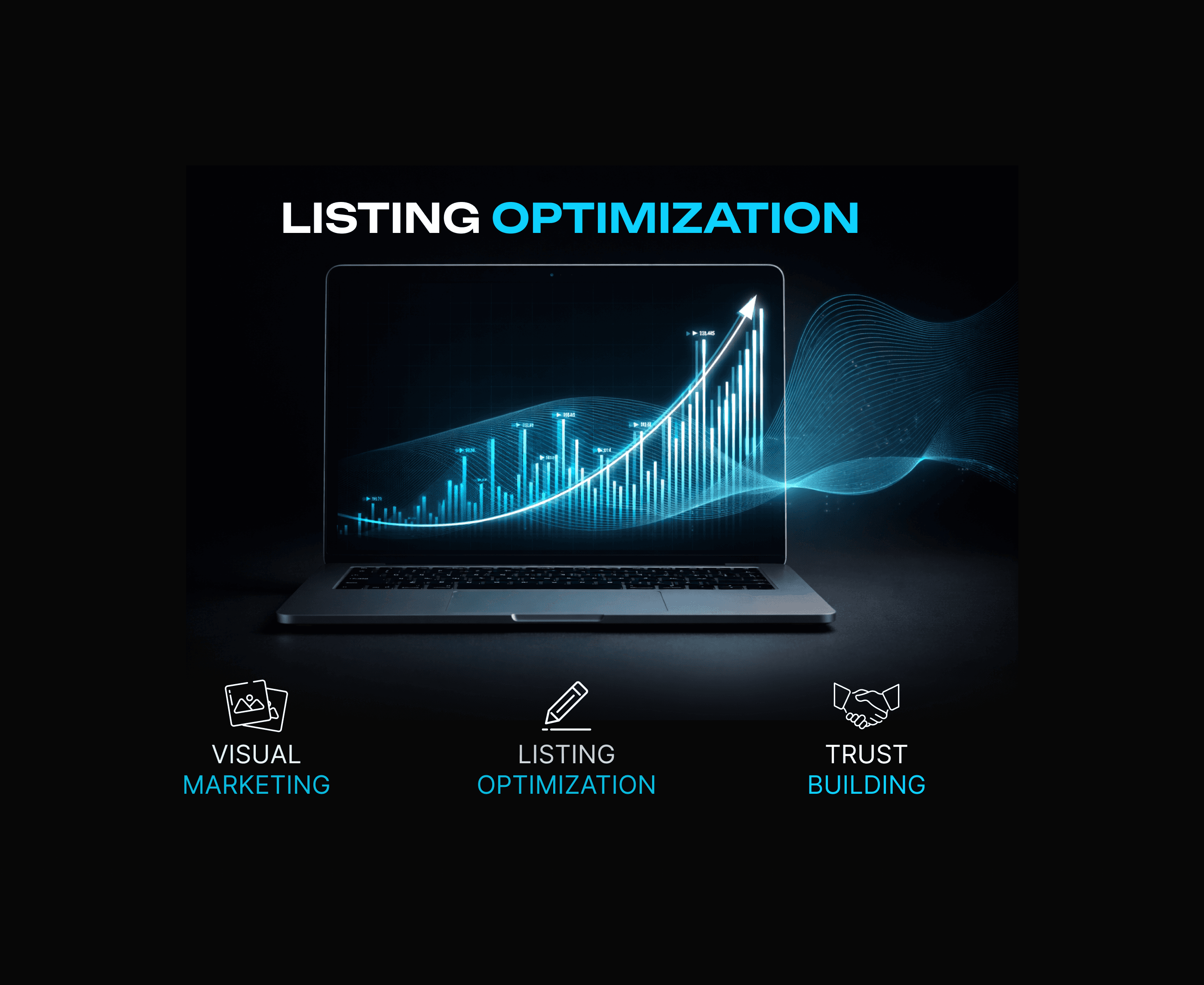 Two people discussing an Amazon product listing for a backpack on a laptop screen in a modern office setting