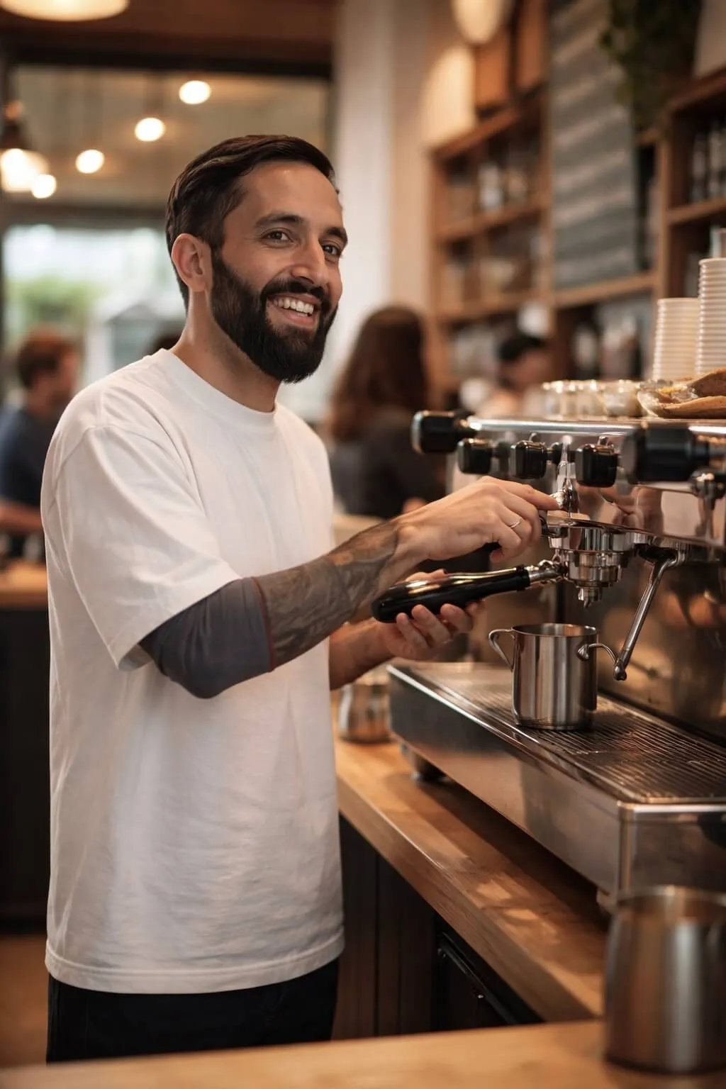 Barista smiling while preparing coffee at a cozy café, surrounded by shelves of coffee supplies.