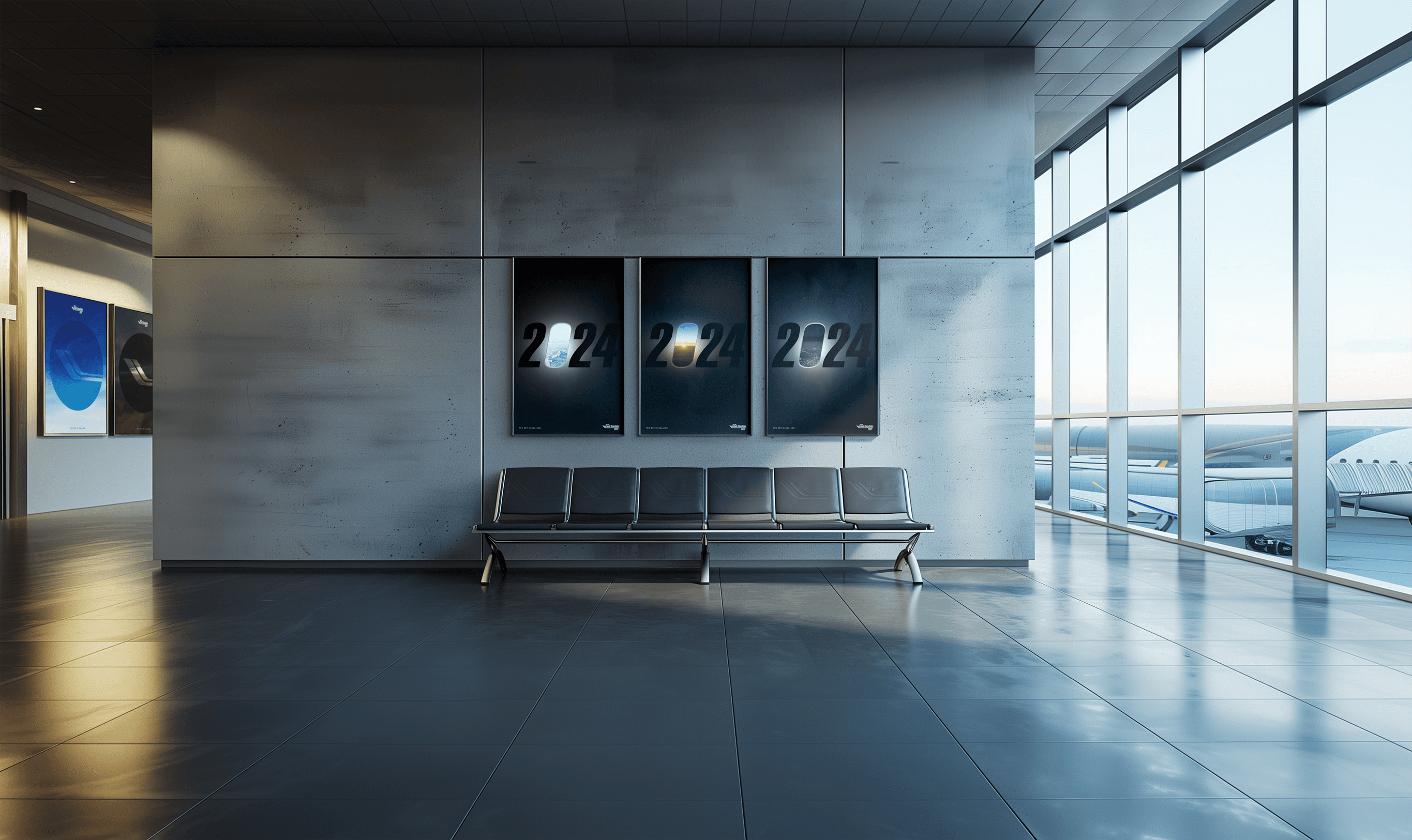 Three marketing posters displayed in a modern airport waiting area overlooking the tarmac