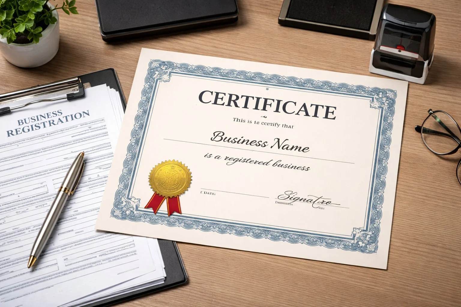 Close-up of an official certificate on a desk next to business registration papers and a stamp, suggesting formal business setup.