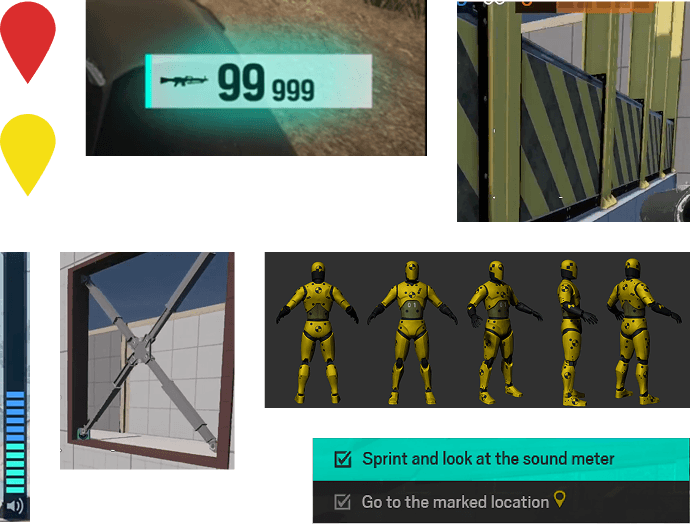 Image of main signifiers and feedbacks of System. Pings, highlight on HUD, Animation loops, level design barriers and sound meter.