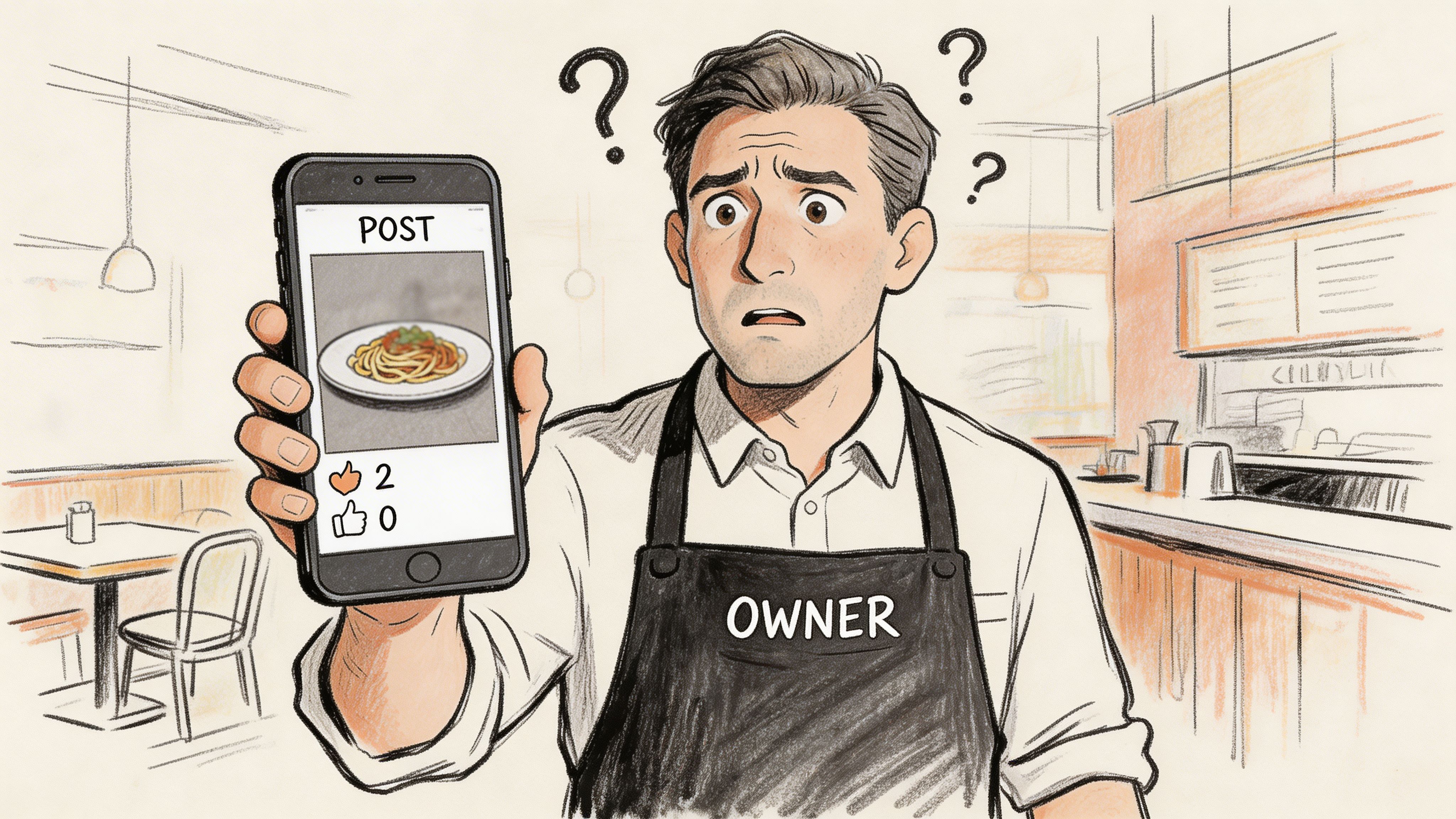 A confused restaurant owner holding a smartphone displaying a social media post with very low engagement.