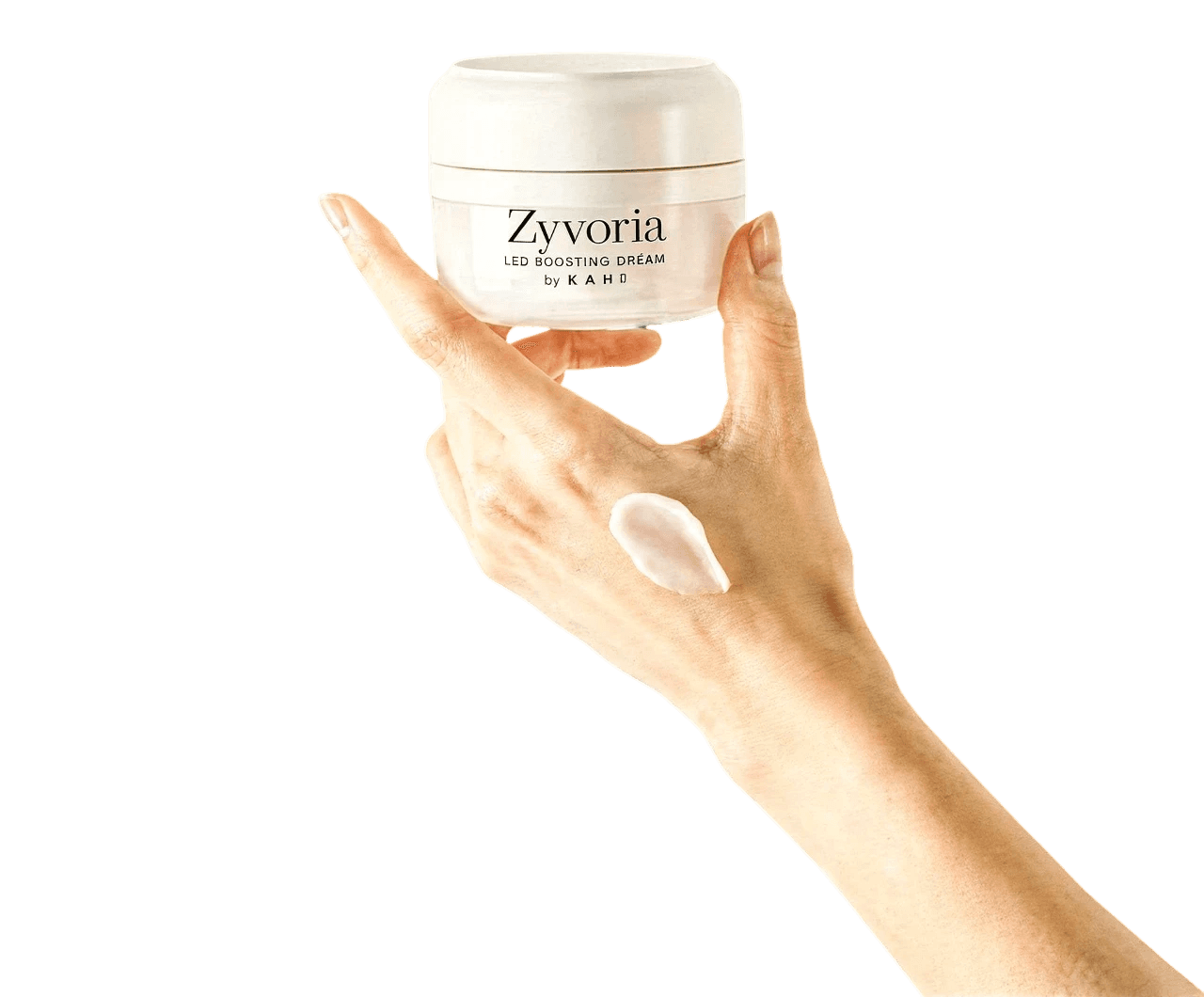 Hand holding face cream jar on white background