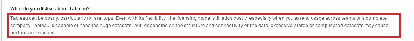 Tableau user review noting high licensing costs and potential performance issues with large datasets