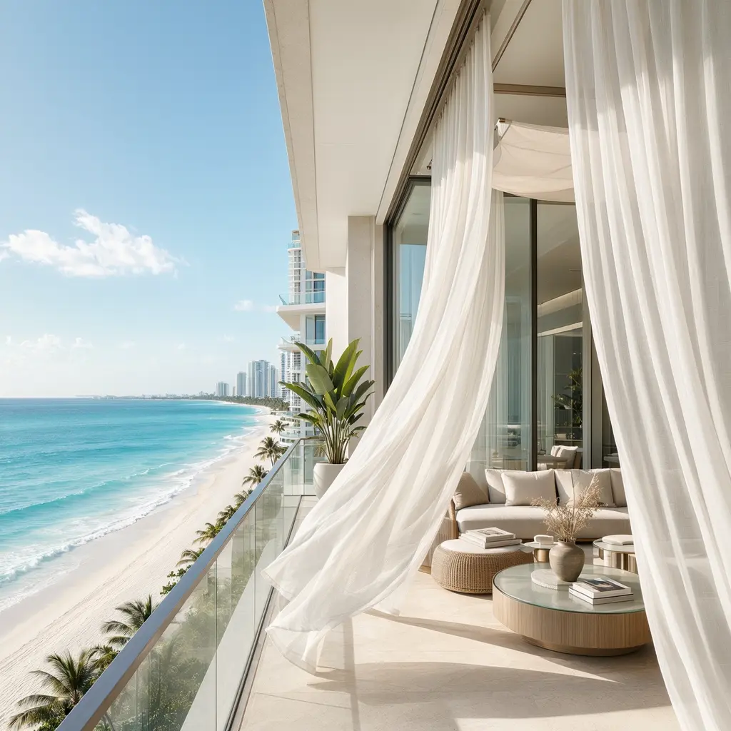 Luxury Bal Harbour oceanfront balcony featuring flowing white sheer curtains, glass railings, elegant outdoor lounge seating, and a panoramic view of the white sand beach and turquoise coastline