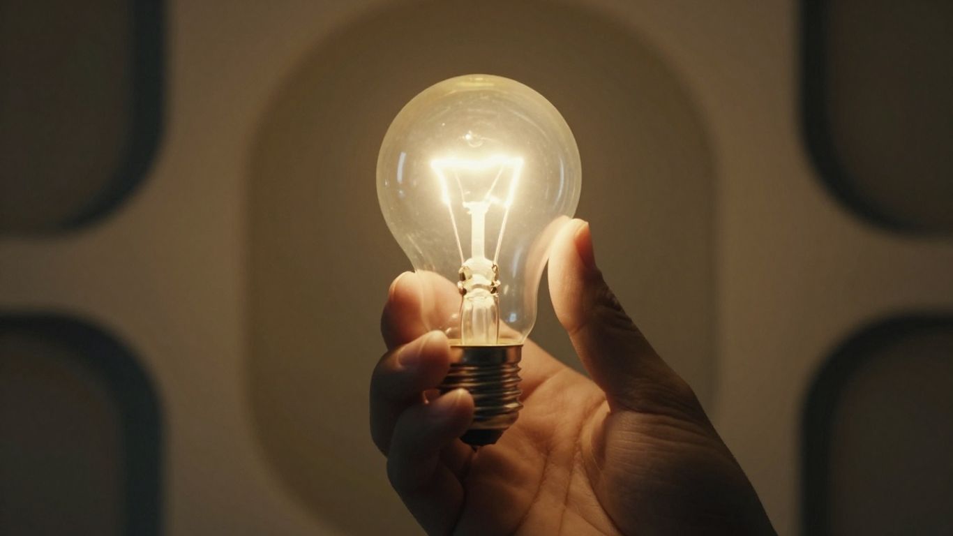 Hand holding a glowing lightbulb, abstract shapes background.