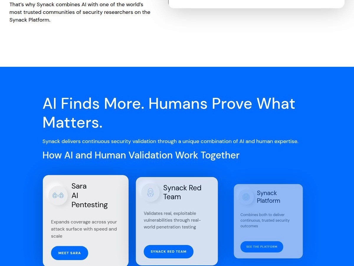 Synack AI Finds More Humans Prove What Matters flow with Sara, the Synack Red Team, and the Synack Platform