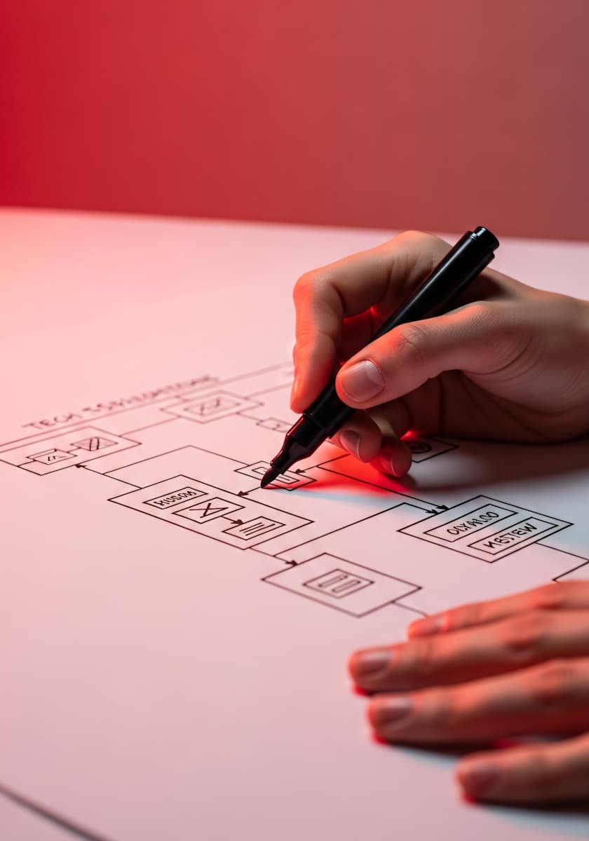 Flowchart Creation, ein mann zeichnet den flowchart mit einem schwarzen stift