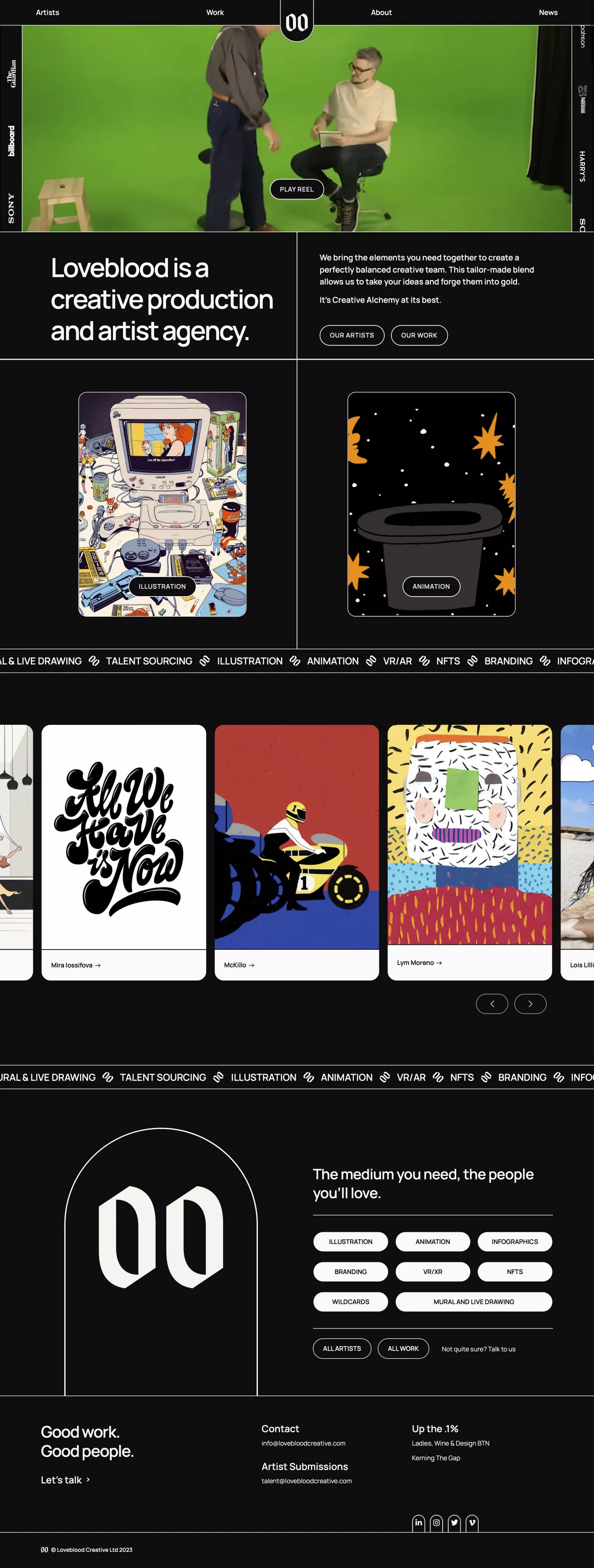 Loveblood Creative - Illustration - Anim portfolio page screenshot showcasing Design and Art design