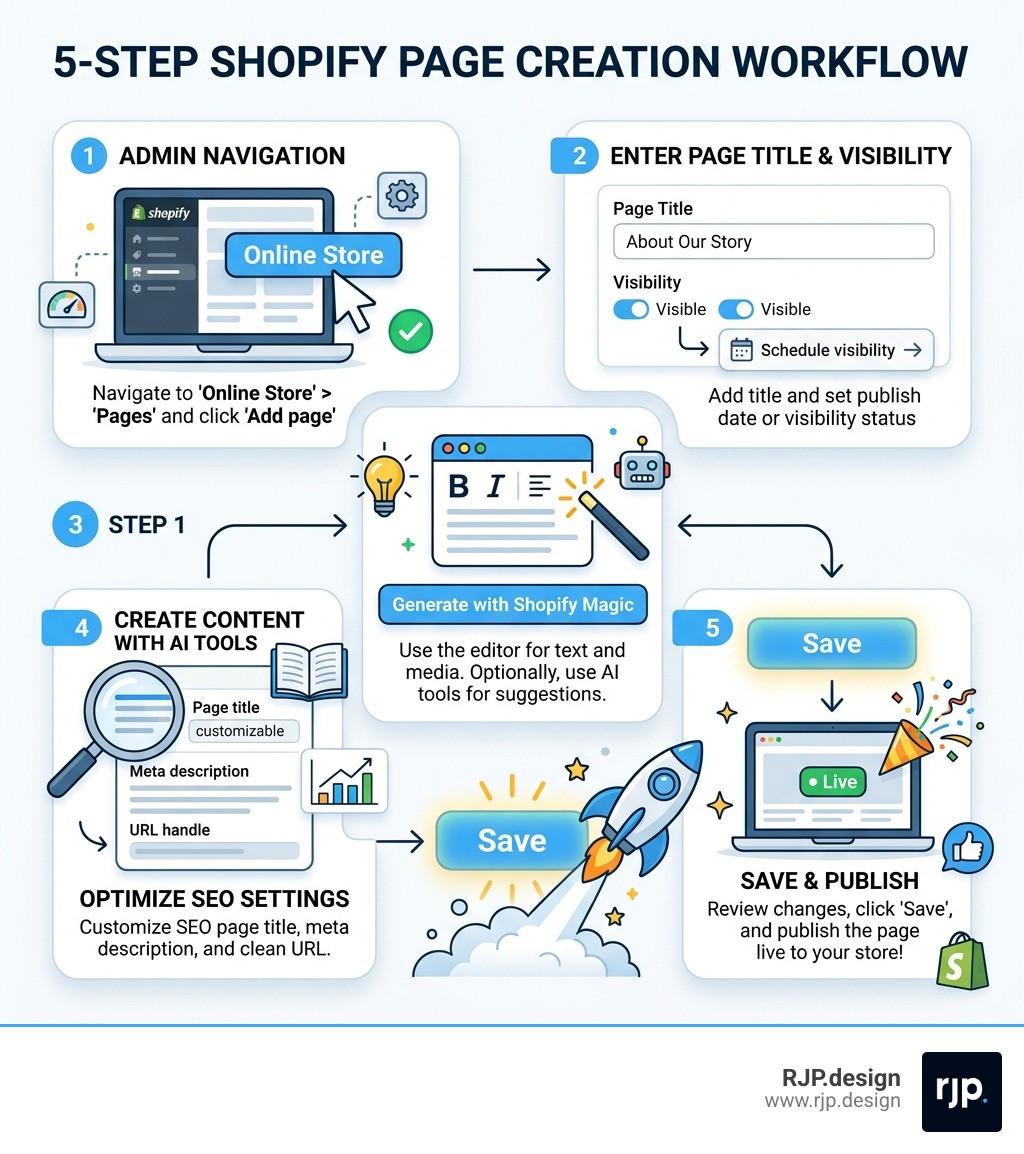 5-step Shopify page creation workflow infographic showing admin navigation, editor, AI tools, SEO, and publish infographic