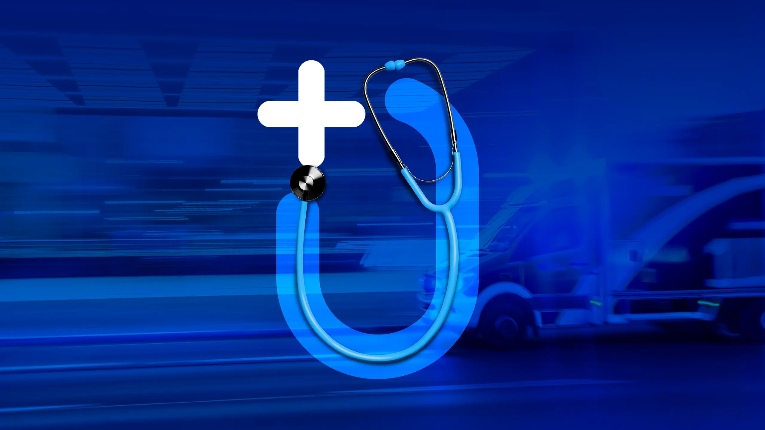 Hero-Grafik mit Stethoskop, weißem Kreuz und verschwommenem Rettungswagen auf blauem Hintergrund.