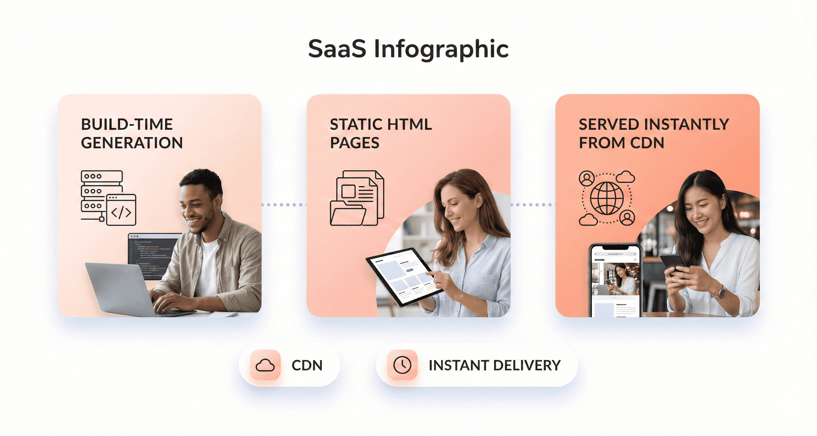 Static site generation model where HTML pages are prebuilt at build time and served instantly from a CDN for ultra-fast performance and SEO.