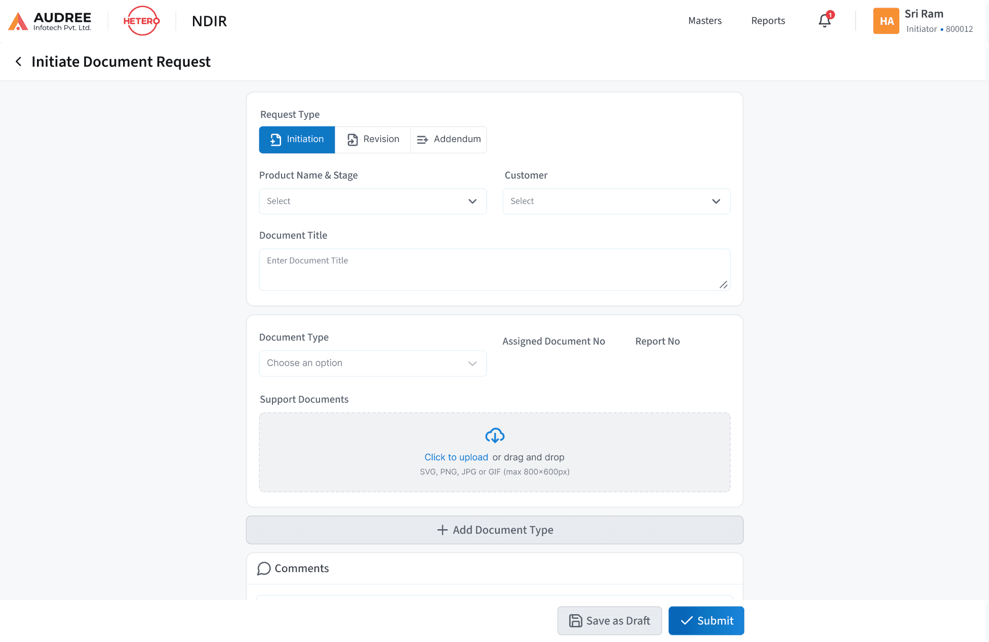 NDIR document stage screen